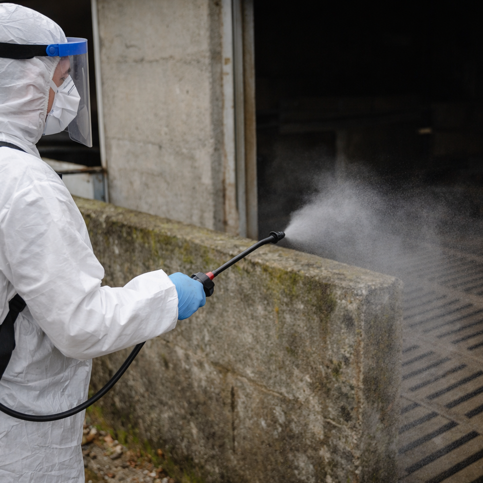 Pulv&eacute;risation de produit d&eacute;sinfectant sur les surfaces d&rsquo;&eacute;levage afin de limiter la propagation des agents pathog&egrave;nes et assurer une hygi&egrave;ne optimale.