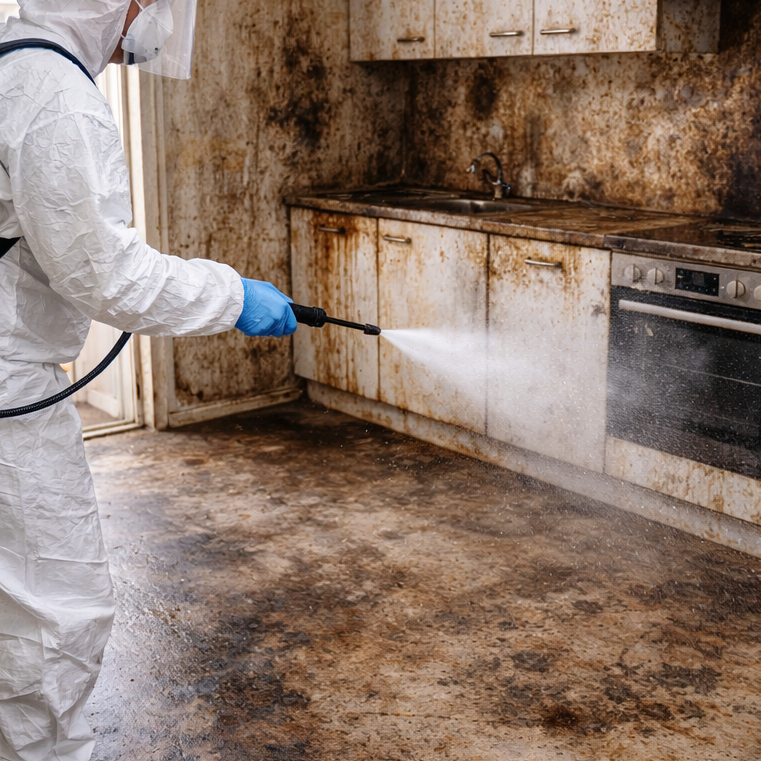 Pulv&eacute;risation de produit d&eacute;sinfectant apr&egrave;s un nettoyage extr&ecirc;me (type syndrome de Diog&egrave;ne) afin d&rsquo;assainir les surfaces et &eacute;liminer les agents pathog&egrave;nes.