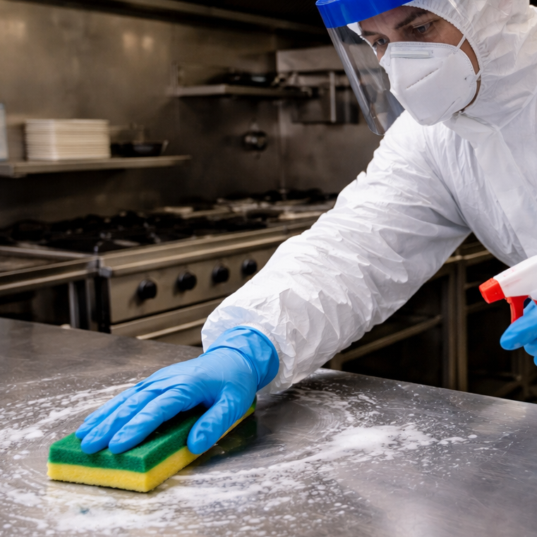 Nettoyage et d&eacute;sinfection d&rsquo;un plan de travail en cuisine professionnelle afin de garantir des surfaces conformes aux exigences d&rsquo;hygi&egrave;ne alimentaire.